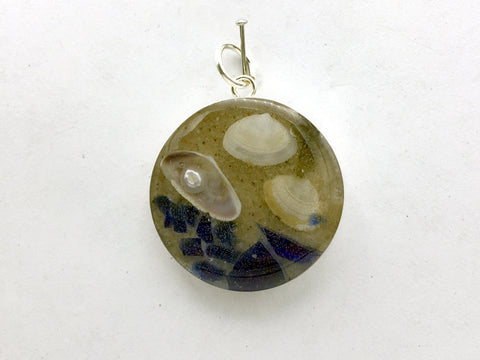 Sterling silver 25mm Round Pendant with Shells, Sand, Sea glass, freshwater pearl, Surf City New Jersey Division Street Beach