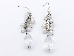 Sterling silver Freshwater Pearl cluster and clear quartz crystal dangle earrings