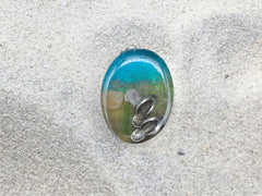 Sterling silver 30mmx 22mm Oval Pendant with Shell, Shells, Flip Flops, Sea glass, Sandals, Beach Haven, Taylor Ave, LBI New Jersey shore, tide pool,  alcohol ink art,  beach comber