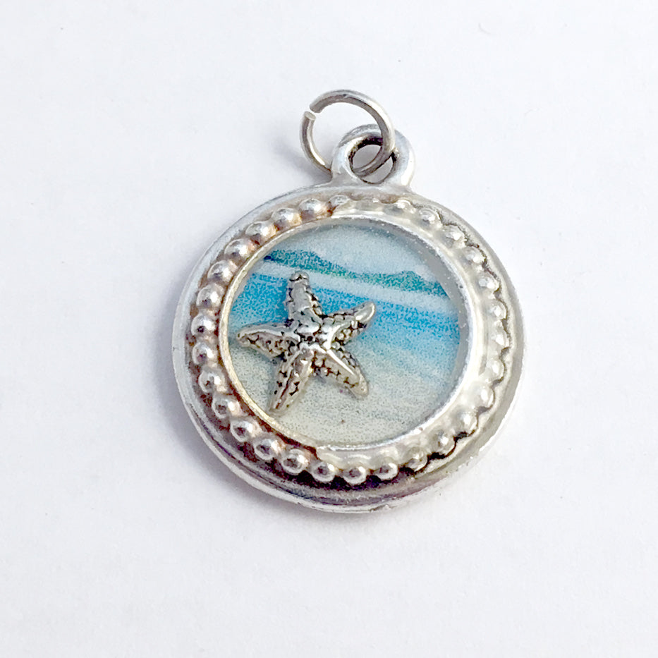 Pewter frame, seashore print, sterling silver tiny starfish pendant-resin, beach