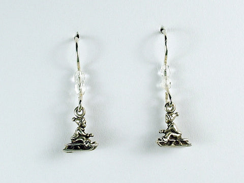 Sterling silver tiny child on sled dangle earrings-snow, winter,sledding, sleigh