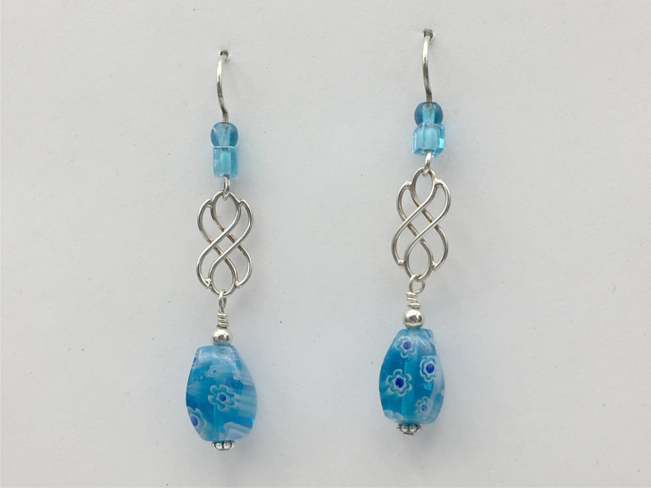 Sterling Silver Celtic Knot dangle earrings- Millefiori glass, aqua blue