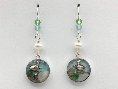 Sterling silver turtle, sand, sea glass  and seashell earrings-ocean- sea shell,beach,shore, beach comber, tidepool,  tide pool, alcohol ink, Avalon
