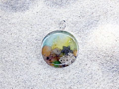 Sterling silver 25mm Round Pendant with Shell, Shells, Sand, Sea glass, Starfish, Star fish, Beach Haven, Taylor Ave, LBI New Jersey shore, tide pool,  alcohol ink art,  beach comber