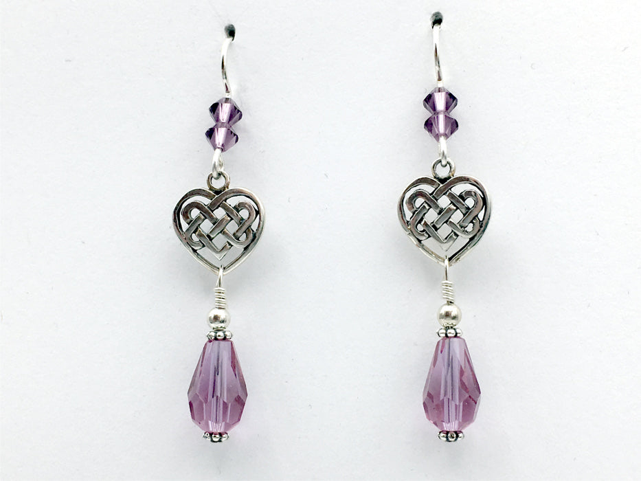 Sterling Silver  Celtic Trinity Knot Heart dangle Earrings- purple crystal