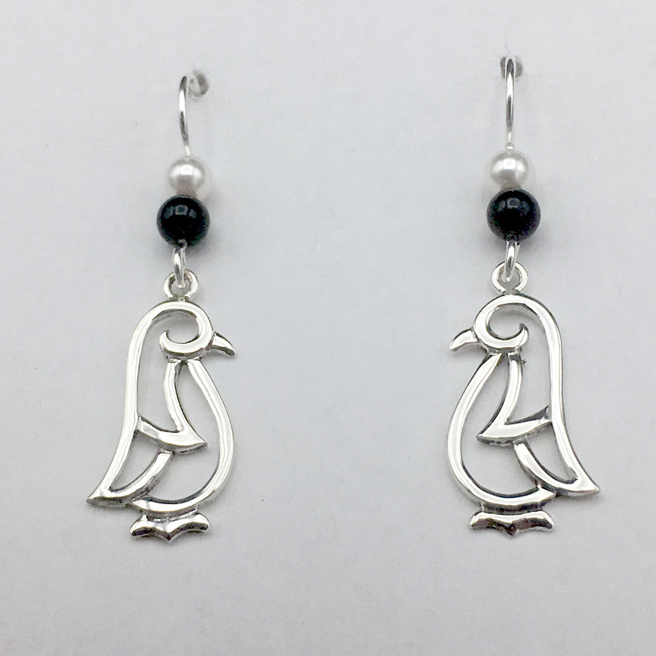 Sterling silver open penguin dangle earrings- bird-black onyx, penguins, birds