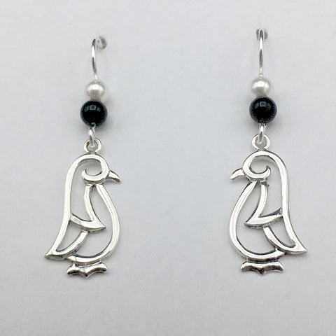 Sterling silver open penguin dangle earrings- bird-black onyx, penguins, birds