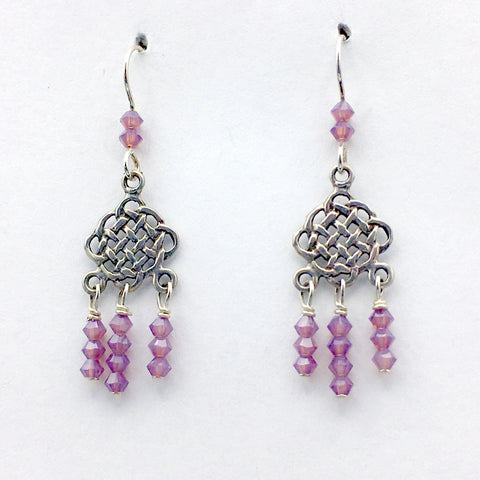 Sterling Silver  Celtic knot dangle Earrings-triple dangles opalescent lavender crystal