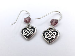 Pewter & sterling silver Celtic Knot Heart dangle earrings-purple heart- knots