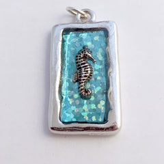Pewter frame, sterling silver seahorse pendant-resin,ocean, sea horse, marine