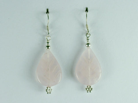 Sterling silver Rose Quartz carved leaf dangle earrings- 1 3/4 inch long