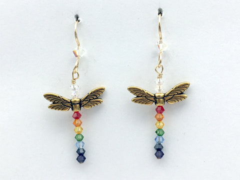 Goldtone Pewter and  14K GF dragonfly dangle earrings-rainbow crystals-LGBTQIA