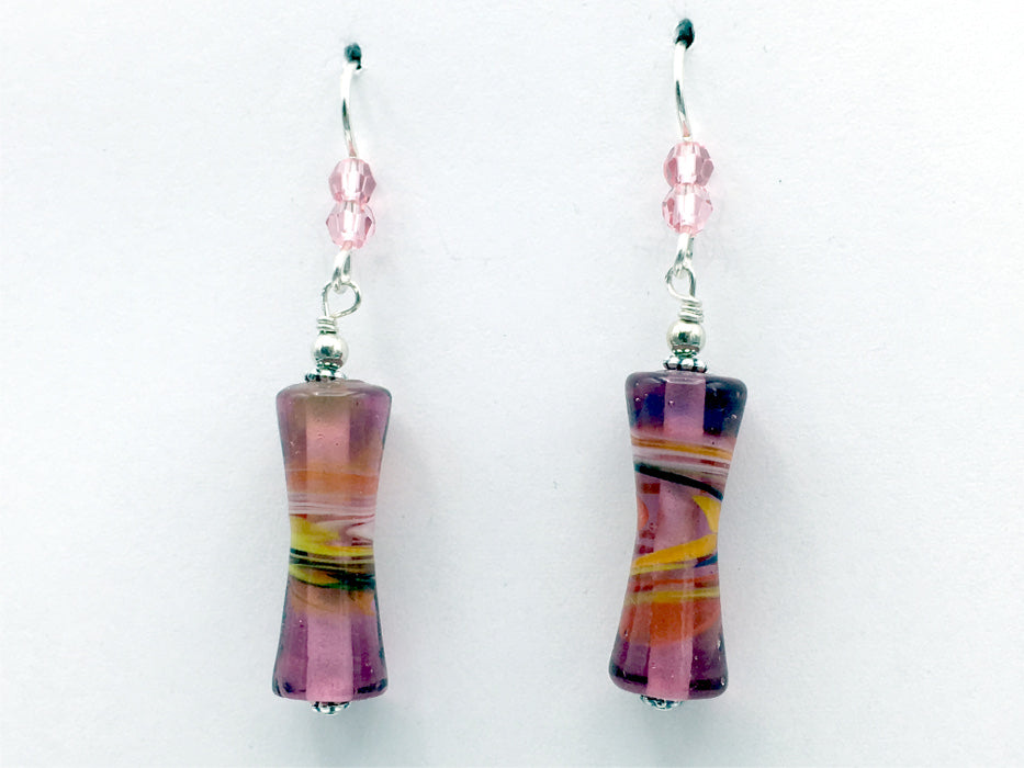 Pink glass with orange, red & white swirl tube bead dangle earrings-sterling silver