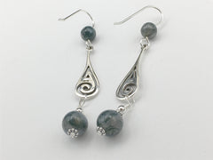 Sterling Silver teardrop Spiral  Earrings- spirals, Moss Agate, Celtic, abstract