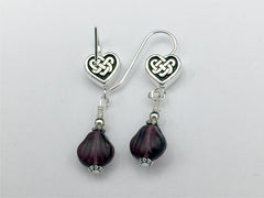 Pewter & sterling silver Celtic Knot Heart dangle earrings-purple glass-Valentine