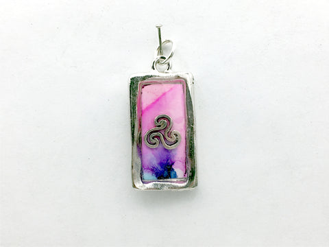 Pewter frame, sterling silver triskelion pendant-resin,alcohol ink, pink, triple spiral