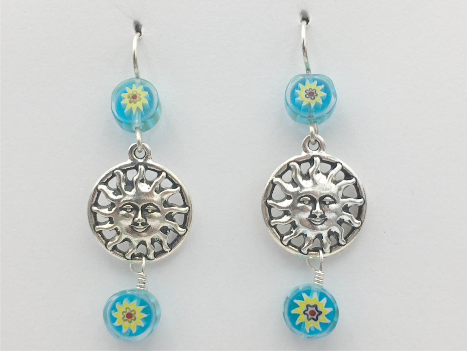 Pewter & Sterling Silver Sun with face dangle earrings-celestial,sky, Millefiori blue