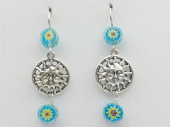 Pewter & Sterling Silver Sun with face dangle earrings-celestial,sky, Millefiori blue