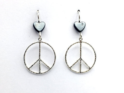 Sterling silver large textured peace sign dangle earrings- world, signs,peaceful, hematite