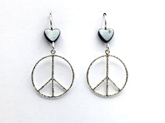 Sterling silver large textured peace sign dangle earrings- world, signs,peaceful, hematite
