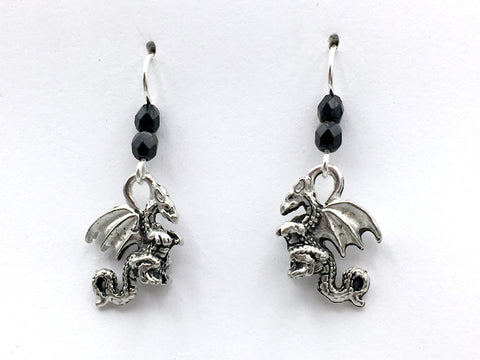 Pewter & sterling silver 3-D flying dragon dangle earrings-dragons- fantasy
