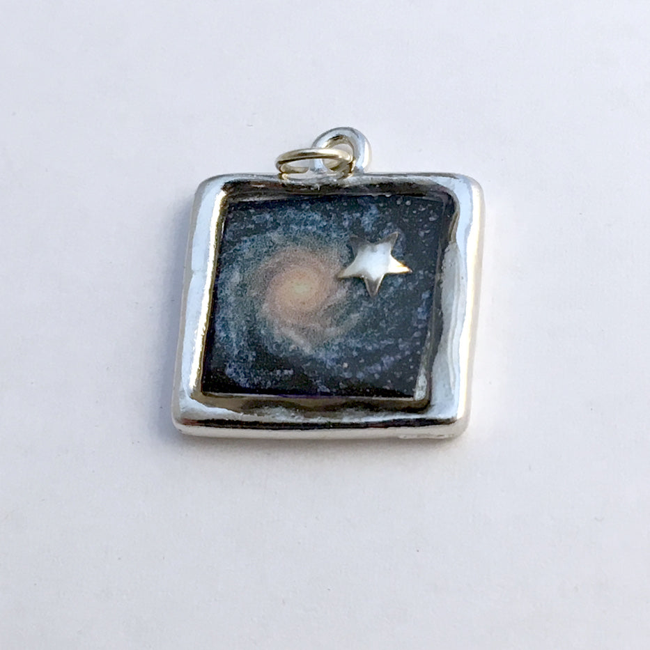 Pewter with Sterling Silver Fancy spiral galaxy & star pendant, astronomy, stars