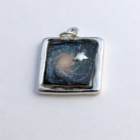Pewter with Sterling Silver Fancy spiral galaxy & star pendant, astronomy, stars