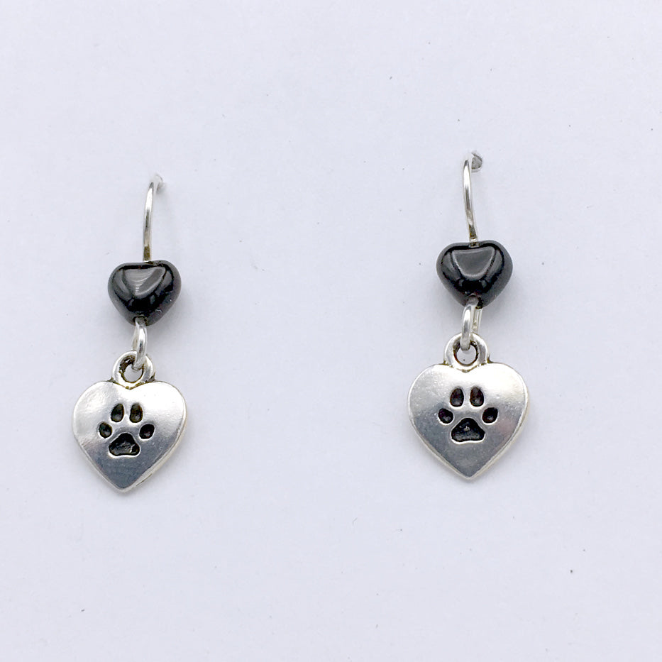 Pewter & Sterling Silver Love Heart My Dog dangle Earrings-dogs, canine, paw, paws