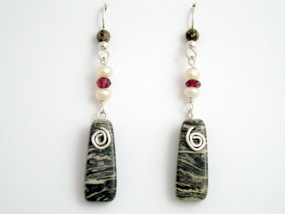 Sterling silver, Leopardskin Jasper, Freshwater Pearl and garnet beads dangle earrings with Spiral