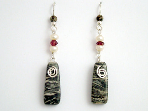 Sterling silver, Leopardskin Jasper, Freshwater Pearl and garnet beads dangle earrings with Spiral