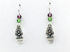 Sterling Silver flower in flower pot dangle earrings- flowers, purple and green Crystal