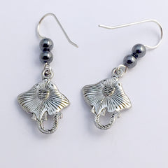 Pewter & Sterling silver manta ray dangle earrings-ocean, rays, devilfish, reef