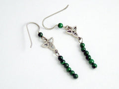 Sterling silver small Celtic Trinity knot dangle earrings - malachite, 2 inches