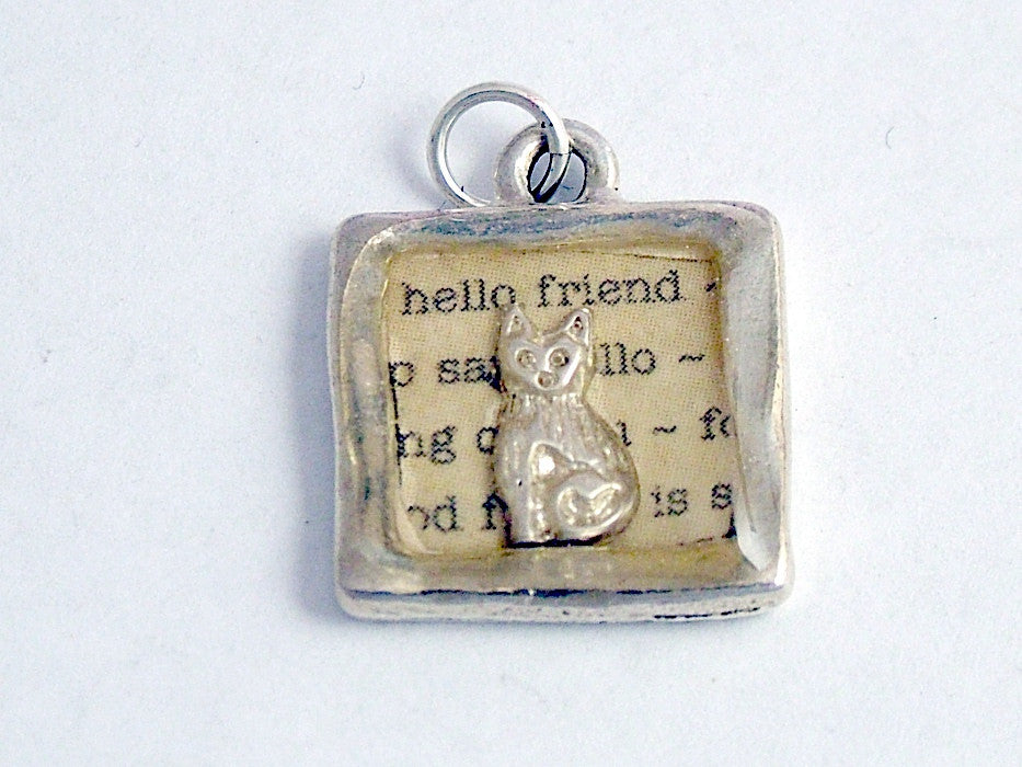Pewter with hello friend print & sterling silver tiny cat pendant-resin, cats