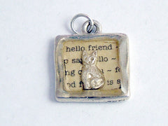 Pewter with hello friend print & sterling silver tiny cat pendant-resin, cats