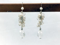 Sterling silver Freshwater Pearl cluster and clear quartz crystal dangle earrings