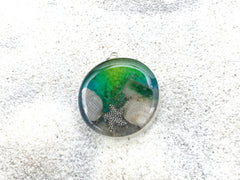 Sterling silver 25mm Round Pendant with Shell, Shells, Sand, Sea glass, Starfish, Star Fish, Stone Harbor, 95th Street Beach, New Jersey shore, tide pool, alcohol ink art,  beach comber