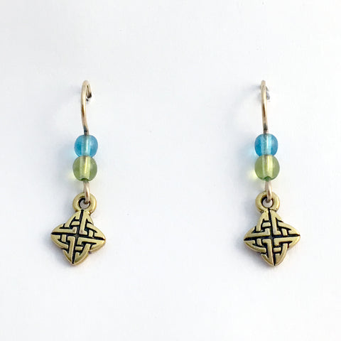 Gold tone Pewter & 14k gold filled earwire tiny Celtic knot earrings- aqua, green