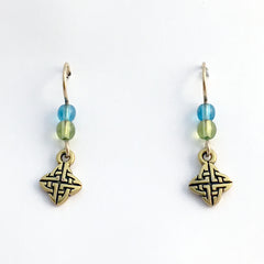 Gold tone Pewter & 14k gold filled earwire tiny Celtic knot earrings- aqua, green