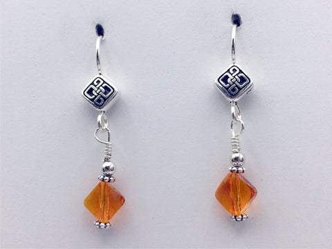 Pewter & Sterling Silver rhombus Celtic  knot dangle Earrings- Orange Crystal, knots