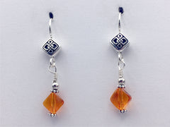Pewter & Sterling Silver rhombus Celtic  knot dangle Earrings- Orange Crystal, knots