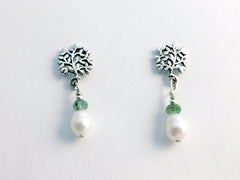 Sterling Silver leaf/bush stud w/ tourmaline & FW pearls dangle Earrings-garden