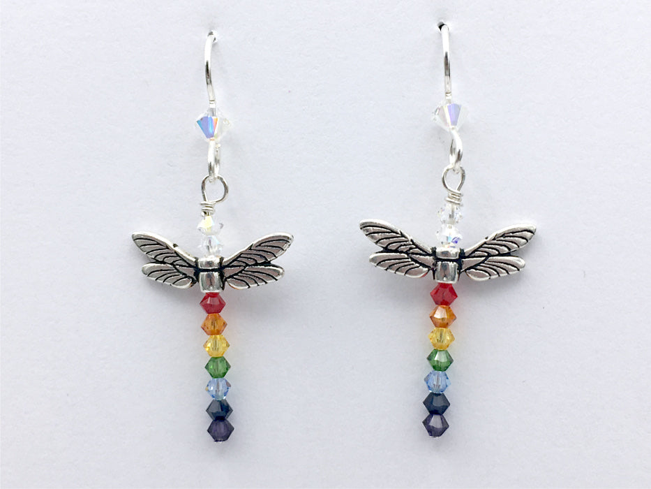 Pewter and Sterling silver dragonfly dangle earrings-rainbow crystals-LGBTQIA- Pride