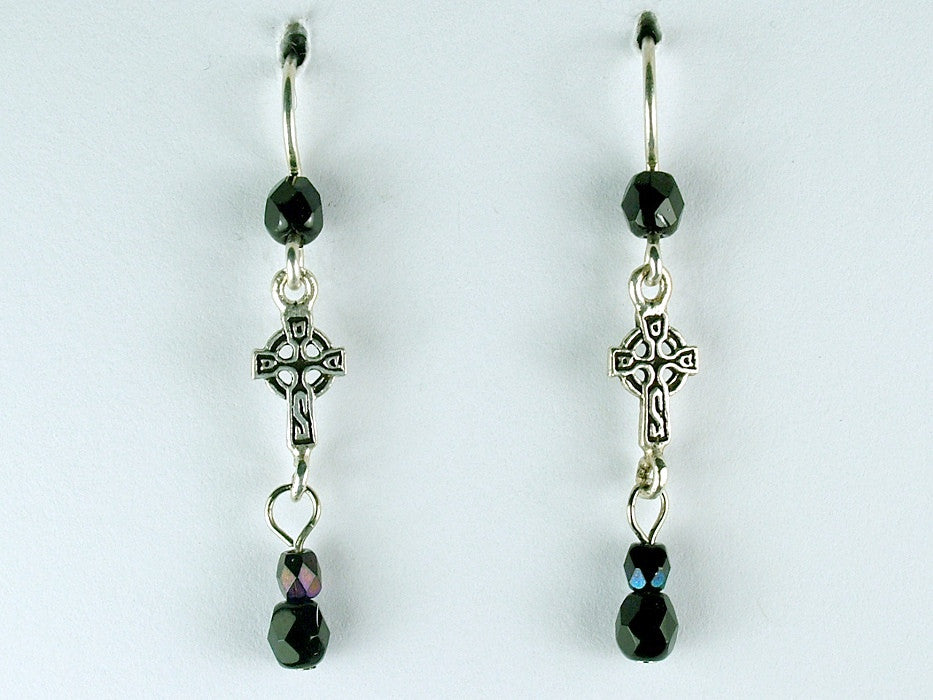 Sterling silver small long Celtic cross dangle earrings-black glass, religion