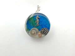 Sterling silver 25mm Round Pendant with striped Shells, Sand, Sea glass, Rocks, Sea Horse, Seahorse, Cayman Islands, tide pool,  beach comber, Alcohol ink