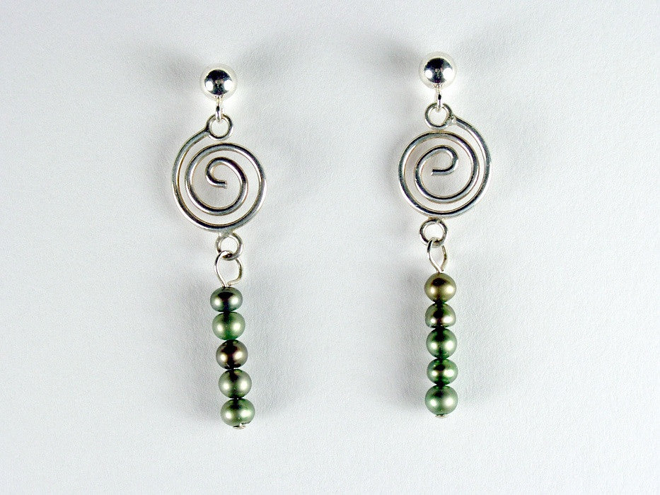 Sterling Silver 4mm ball stud w/ spiral & green fw pearl dangles -Earrings