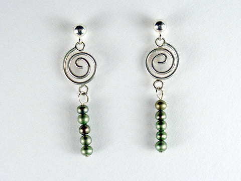 Sterling Silver 4mm ball stud w/ spiral & green fw pearl dangles -Earrings