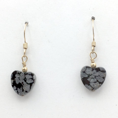 Snowflake Obsidian heart dangle earrings-love,14k gold filled wire, Valentine