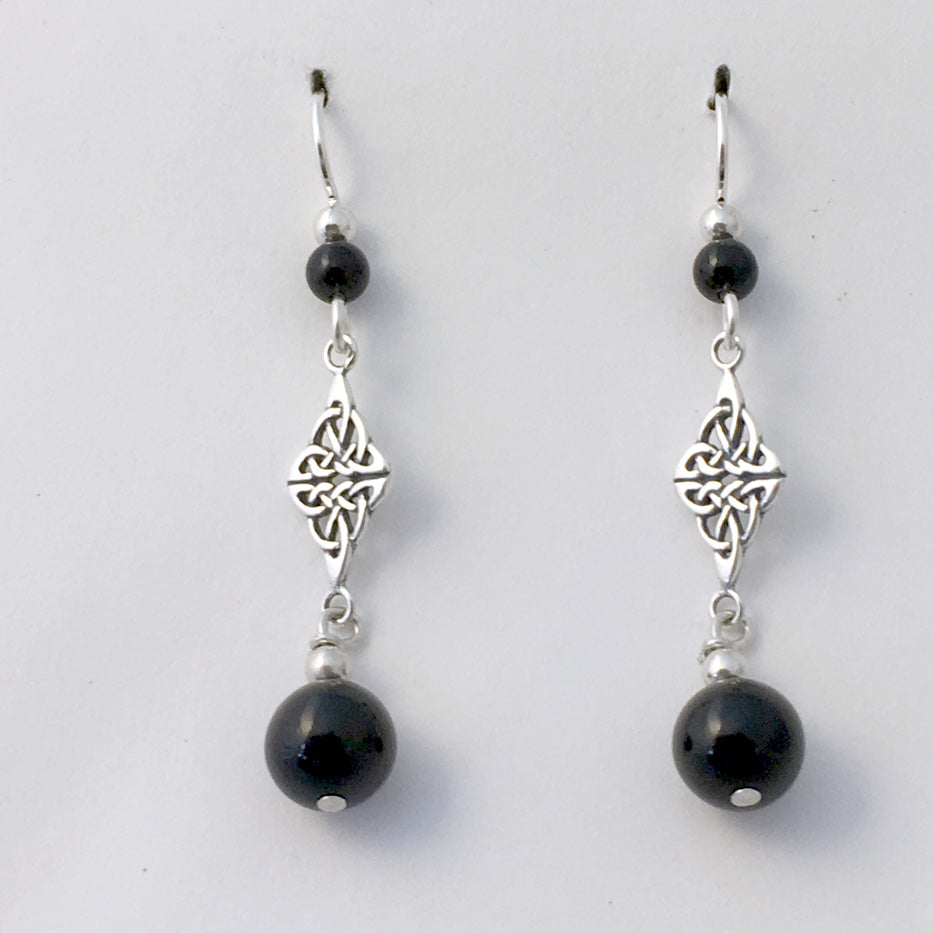 Sterling Silver Double Celtic Knot Dangle Earrings- black onyx, gorgeous