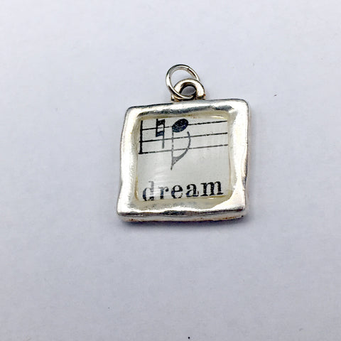Pewter with vintage sheet music, note, dream pendant-resin, musician, notes,